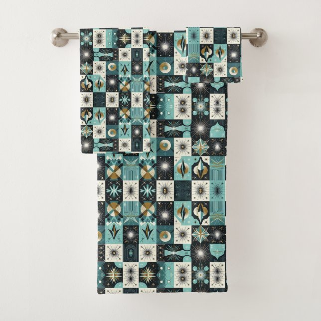 Retro Aqua Diamond Mid Century Modern Towel Set (In situ)
