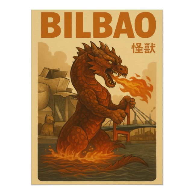 Retro Bilbao Travel Poster - Spanish Kaiju Monster (Anverso)