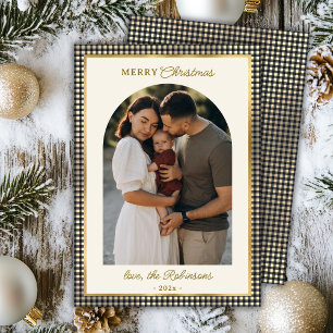 Retro Black Gold Plaid Arch Foto Feliz Navidad