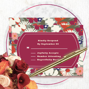 Retro Boho Chic Floral Burgundy Boda RSVP