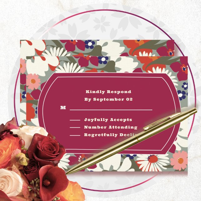 Retro Boho Chic Floral Burgundy Boda RSVP (Subido por el creador)