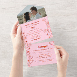 Retro Boho Floral Todo En Una Invitación De Boda