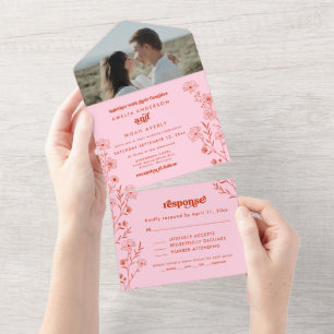 Retro Boho Floral Todo En Una Invitación De Boda