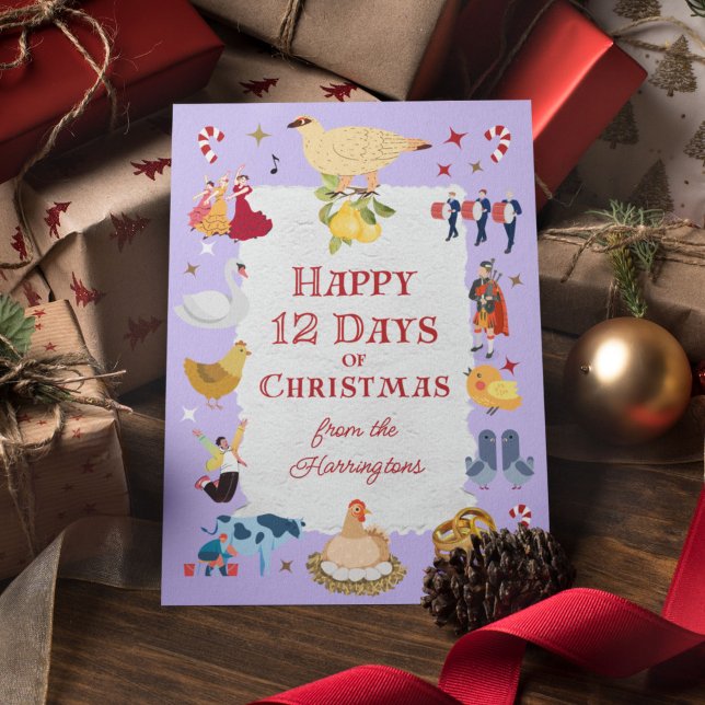 Retro Caprichoso 12 Días de Navidad (On this whimsical card, "12 Days of Christmas" images appear against a pastel lavender background.)