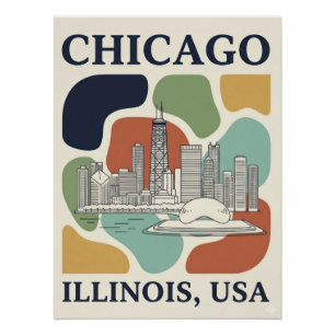 Retro Chicago Skyline Travel Poster - Mid-Century