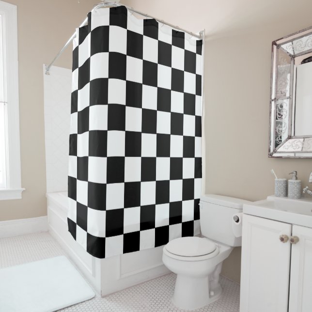 Retro Classic Black White Checkered Shower Cortina (In situ)