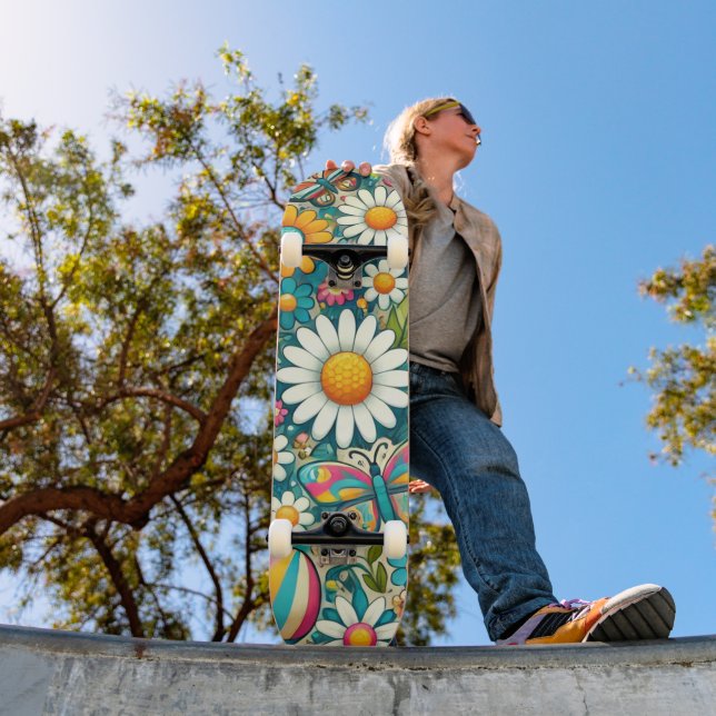 Retro Colorful Hippie Flowers Unisex Skateboard (Exterior 1)
