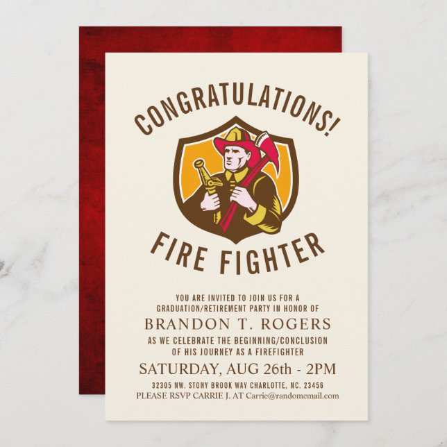 Retro de bomberos | Invitación a la fiesta de grad (Anverso / Reverso)