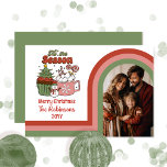 Retro esta temporada Feliz Navidad en familia foto<br><div class="desc">Diseño fotográfico de arco retro con marco a rayas en tonos rosa oscuro,  terracota y verde sabio sobre blanco "Esta temporada".</div>