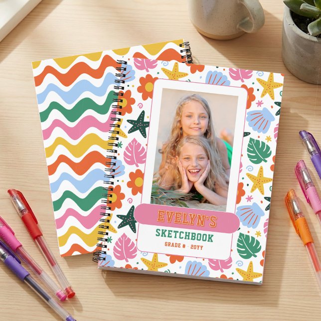 Retro Estrella de Mar Tropical y Conchas Libro de  (Personalized Sketchbook with custom photo and a Bright and Colorful Beach themed pattern)