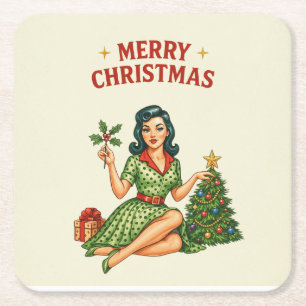 Retro Feliz Navidad Pin-Up Posavasos de Papel
