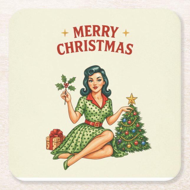 Retro Feliz Navidad Pin-Up Posavasos de Papel (Anverso)