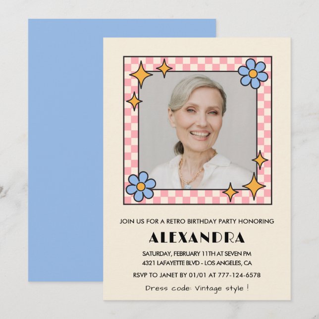 Retro Floral Foto 86ª invitación de cumpleaños Azu (Anverso / Reverso)