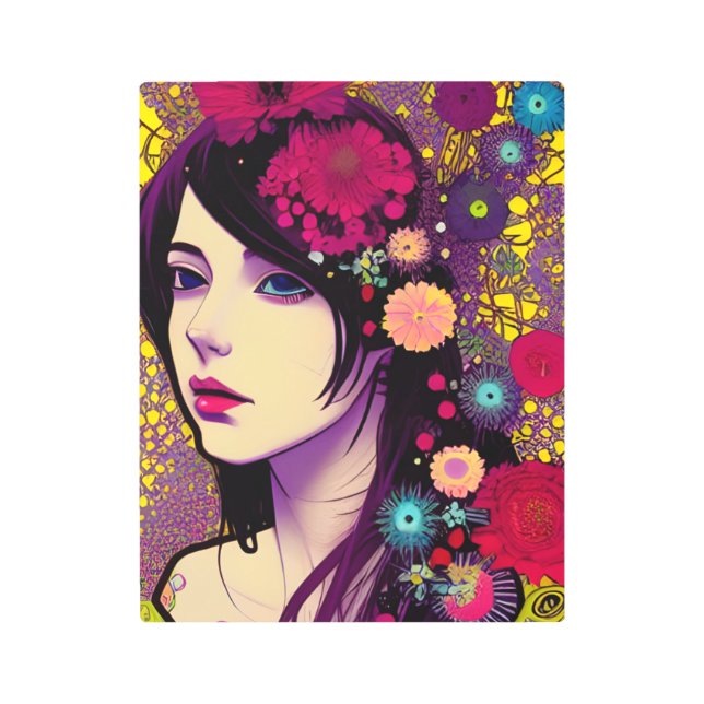 Retro FloralPunk Chica arte Metalizado de pared (Anverso)