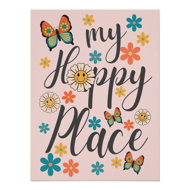 Retro Flowers Butterfly Wall Poster Art  (Anverso)