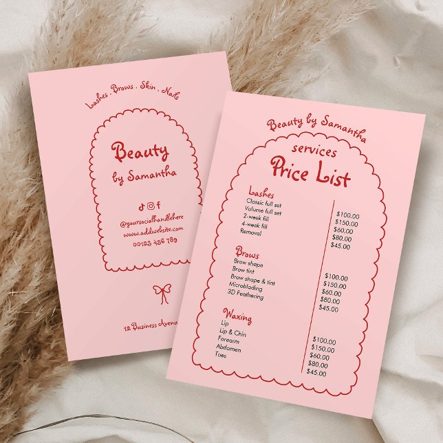 Retro Girly Pink & Red Hand Drake Boho Price List (Girly blush pink and red business price list )