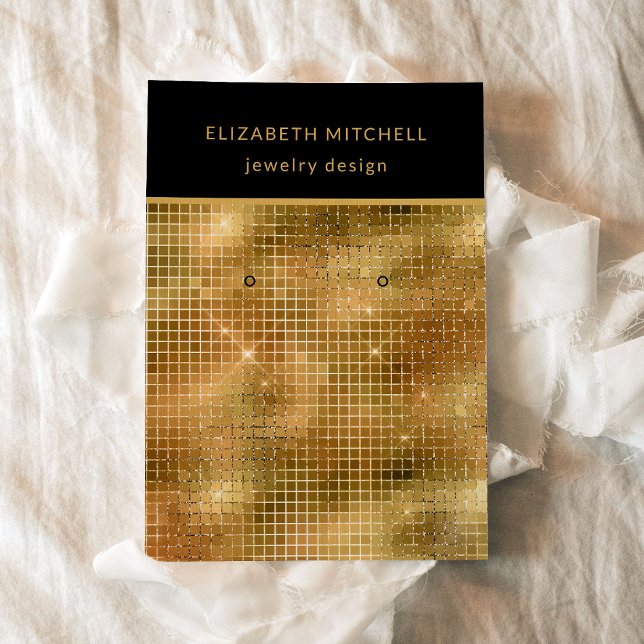 Retro Gold Disco Glam | Tarjeta de visualización d (A glam, disco inspired earring display card in black and gold.)