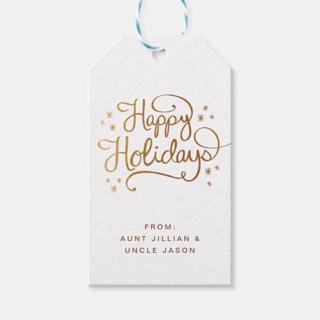 Retro Gold Happy Holiday Script Etiqueta de regalo (Anverso)