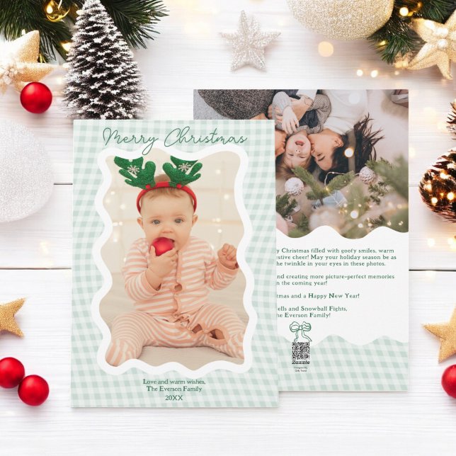 Retro green Gingham Feliz Navidad Wavy 2 fotos (Retro green Gingham Merry Christmas Wavy 2 photos Holiday Card)