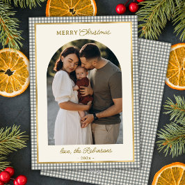 Retro Green Gold Plaid Arch Foto Feliz Navidad