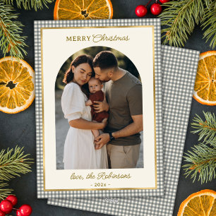 Retro Green Gold Plaid Arch Foto Feliz Navidad