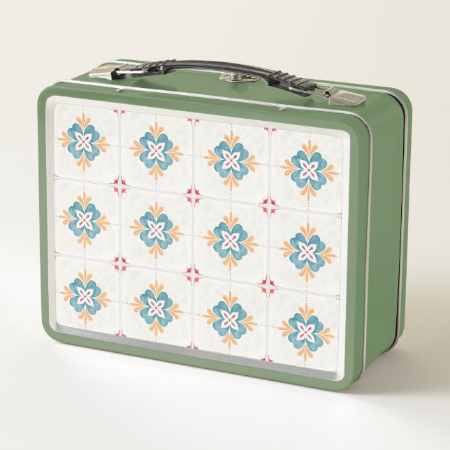 Retro green lunchbox with a floral tile pattern  (Reverso)