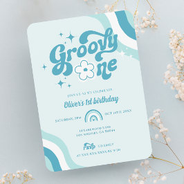 Retro Groovy One Wavy Boy Invitación de primer cum