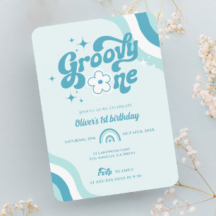Retro Groovy One Wavy Boy Invitación de primer cum