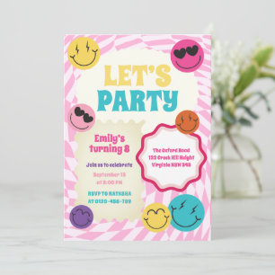 Retro Groovy sonríe colorida invitación a cumpleañ