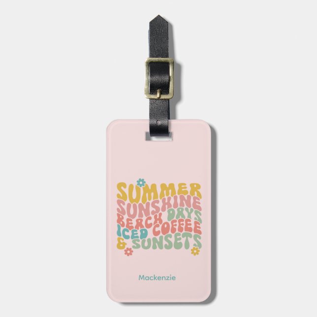 Retro Groovy Summer Pink Monograma Nombre Etiqueta (Frente Vertical)