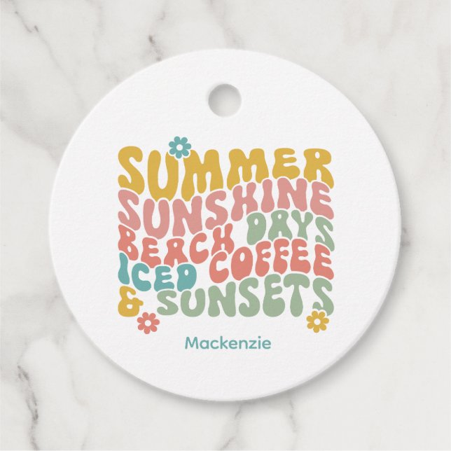 Retro Groovy Summer Pink Monograma Nombre Etiqueta (Anverso)