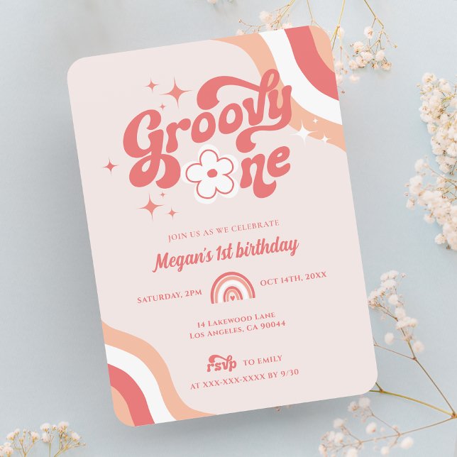 Retro Groovy Un Chica ondulado Invitación de cumpl (Subido por el creador)
