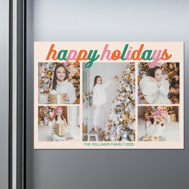 Retro Happy Holidays 5 Photo Collage Magnet Card (Subido por el creador)