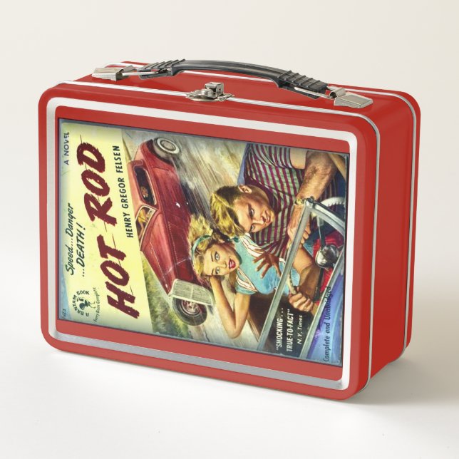 Retro Hot Rod Red Metal Lunch Box (Anverso)