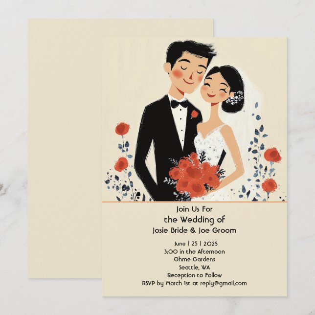 Retro ilustró la invitación feliz de matrimonio de (Anverso / Reverso)