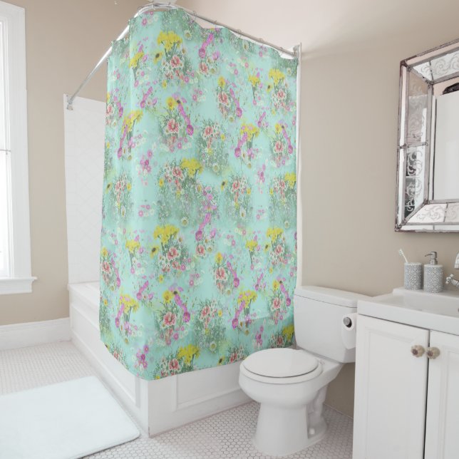 Retro Meadow Classic Flowers Shower Cortina (In situ)