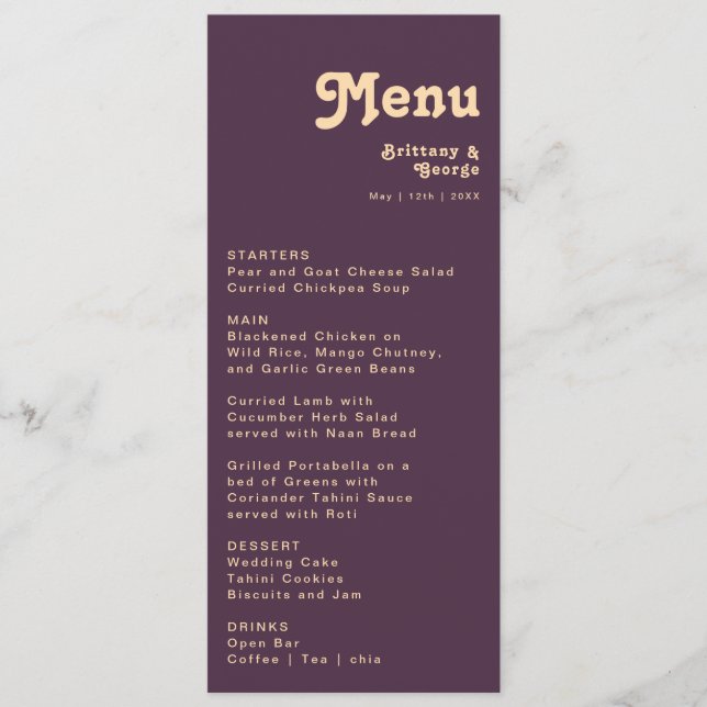 Retro moderno | Menú de cena Boda morado oscuro (Anverso)