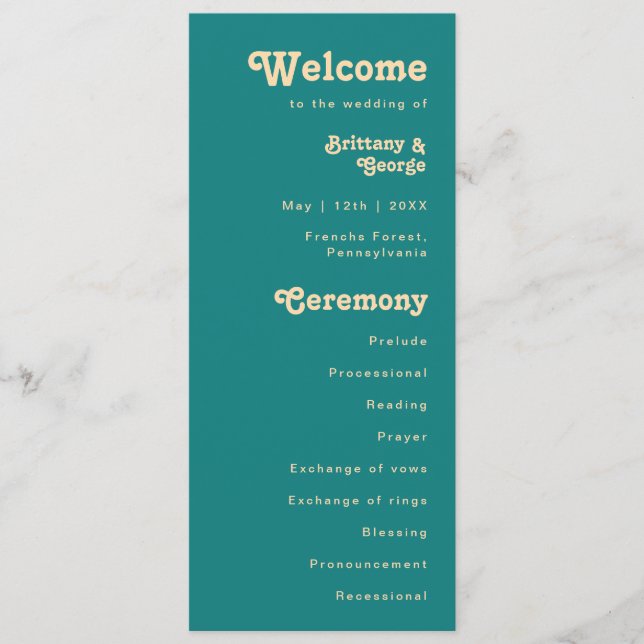 Retro moderno | Programa de Bodas de Crema Verde a (Anverso)