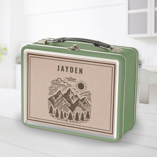 Retro Mountain Personalizado  (Retro Mountains Custom Metal Lunch Box (shown in green) other color available)