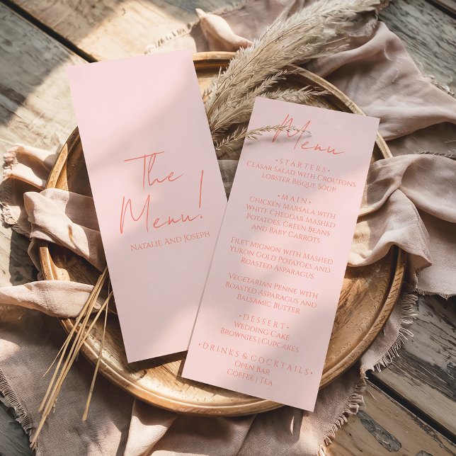 Retro Pink Coral Hand Written Pastel Wedding Menu (Subido por el creador)
