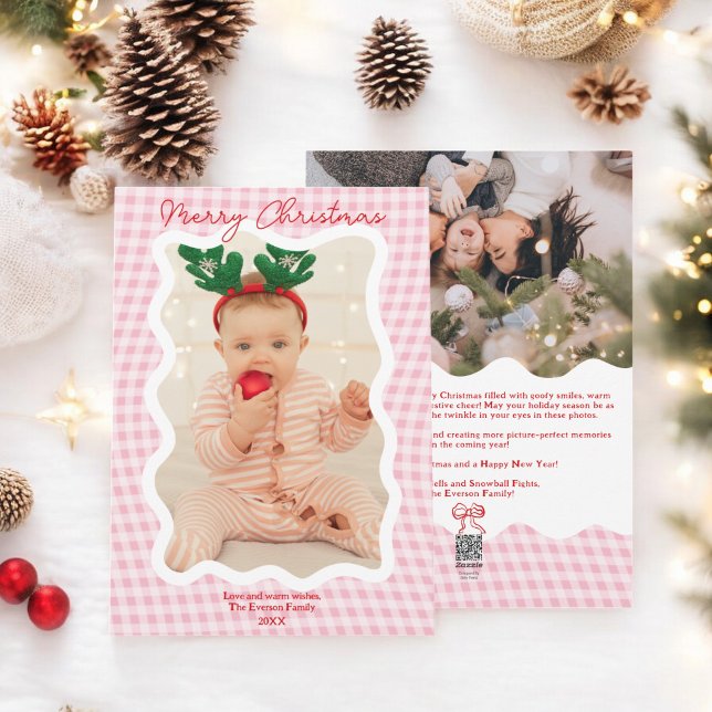 Retro Pink Gingham Feliz Navidad Wavy 2 fotos (Retro Pink Gingham Merry Christmas Wavy 2 photos Holiday Card)
