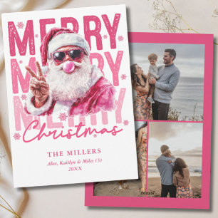 Retro Pink Santa Feliz Navidad 3 Foto Familia