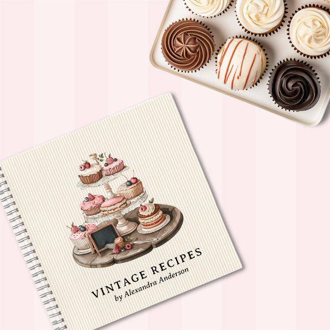 Retro postre retro organizador de libros de cocina (Elegant Vintage Cute Cupcakes Notebook)