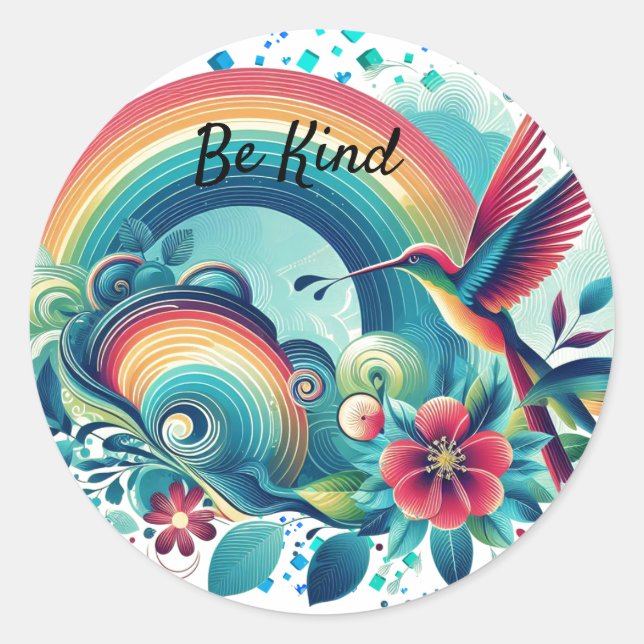 Retro Rainbows Hummingbird Kindness Round Pegatina (Anverso)
