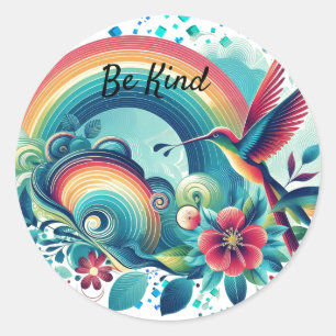 Retro Rainbows Hummingbird Kindness Round Pegatina