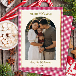 Retro Red Gold Plaid Arch Foto Feliz Navidad