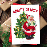 Retro Santa Navidades Naughty Nice Tarjeta no foto<br><div class="desc">Esta dulce tarjeta navideña sin foto muestra un ilustracion vintage de Santa revisando su lista frente a un árbol de Navidad decorado. El saludo de la parte delantera de la tarjeta dice "¿traviesa o agradable?" pero es editable y puede cambiarse a lo que quieras. También hay espacio para sus nombres...</div>
