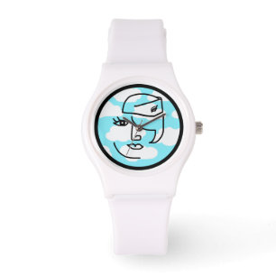 Retro Stewardess se enfrenta en nubes reloj Person