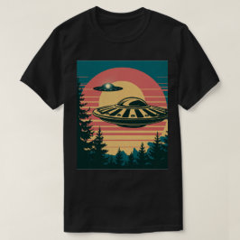 Retro Sunset Alien Spaceship Trees Camiseta Negra