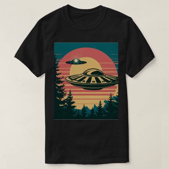 Retro Sunset Alien Spaceship Trees Camiseta Negra (Diseño del anverso)